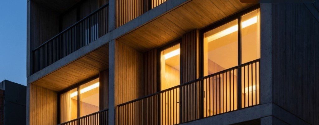Proyecto Cocun — fachada nocturna con balcones en madera, Galerías Bogotá