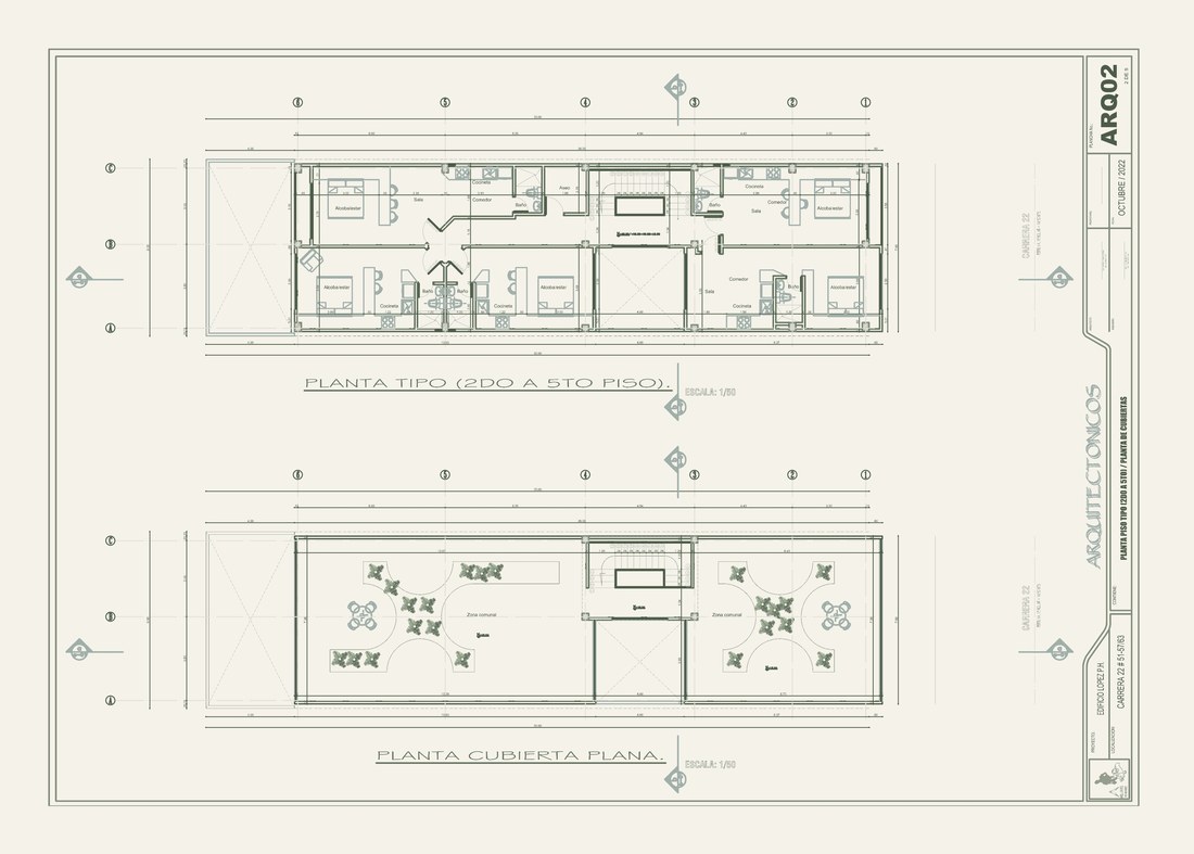 Plano de Niveles Superiores ARQ02 — Habitaciones y Cubierta, Proyecto Cocun