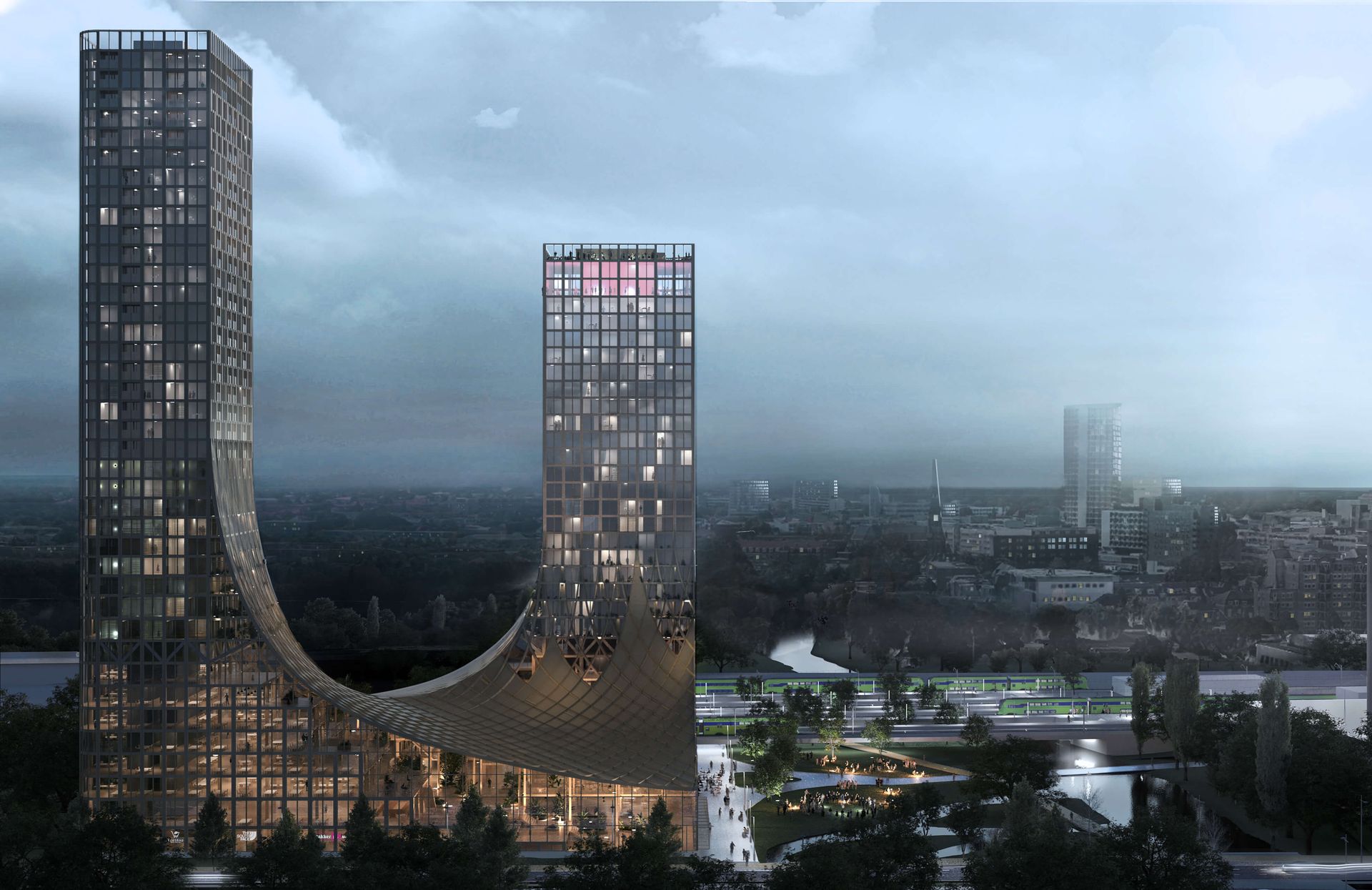 The Dutch Mountains — dos torres conectadas por patio verde al atardecer, Eindhoven