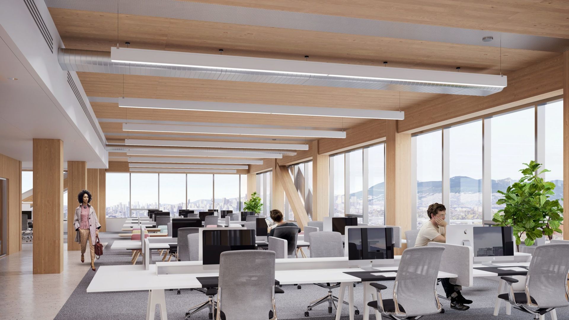 The Hive — planta de oficinas con madera vista y luz natural